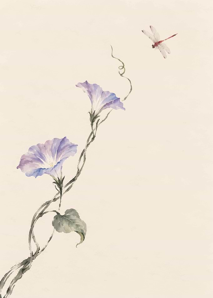 Watercolor Morning Glories and Dragonfly
