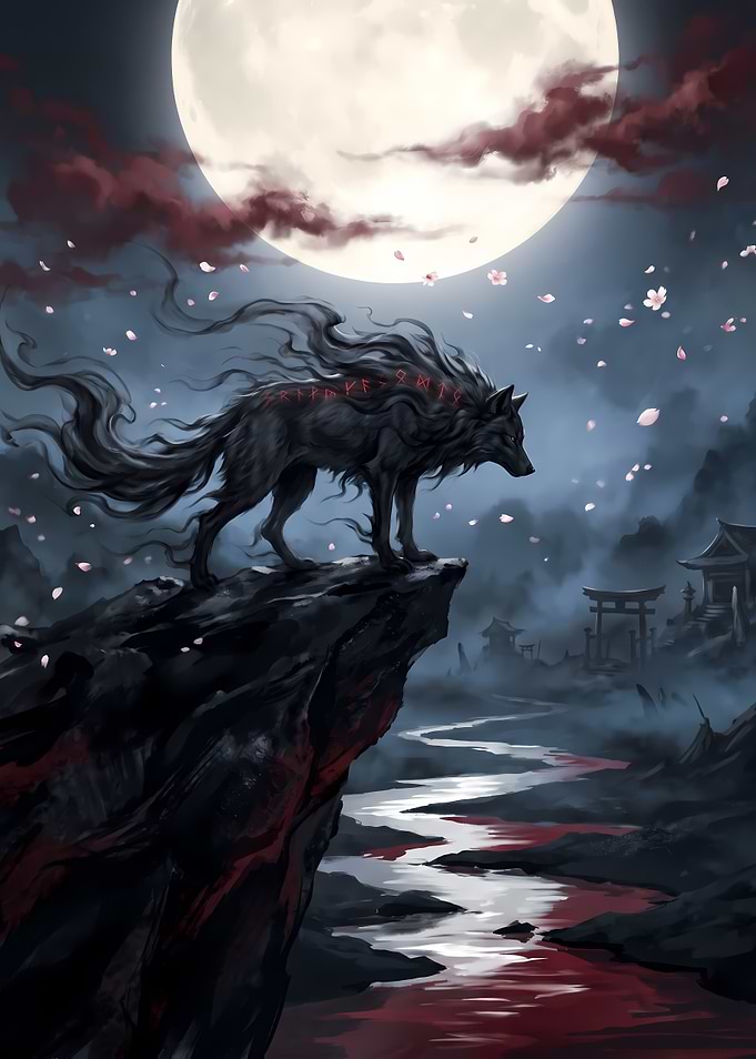 Mystical Shadow Wolf Under Full Moon