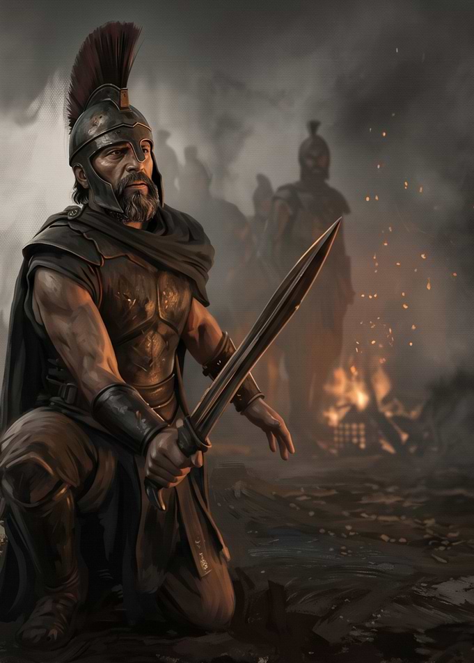 Spartan Warrior Kneeling on Battlefield