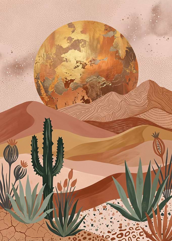 Boho Desert Landscape with Golden Sun