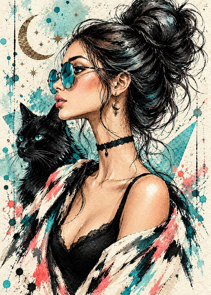 Stylish Woman with Black Cat Illustration
