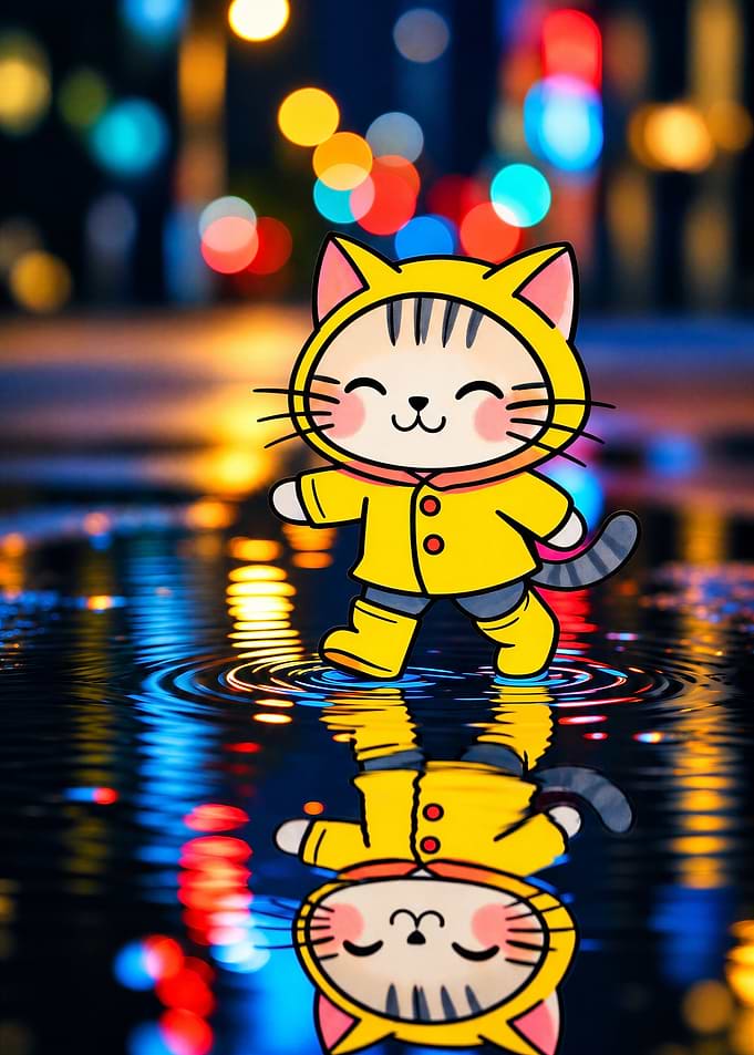 Kawaii Raincoat Cat in Neon City Reflections