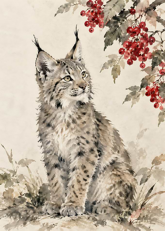Watercolor Lynx Kitten with Red Berries