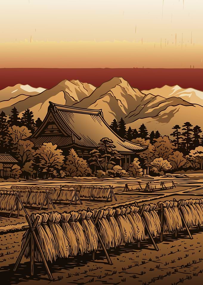 Traditional Japanese Rural Landscape Illustration