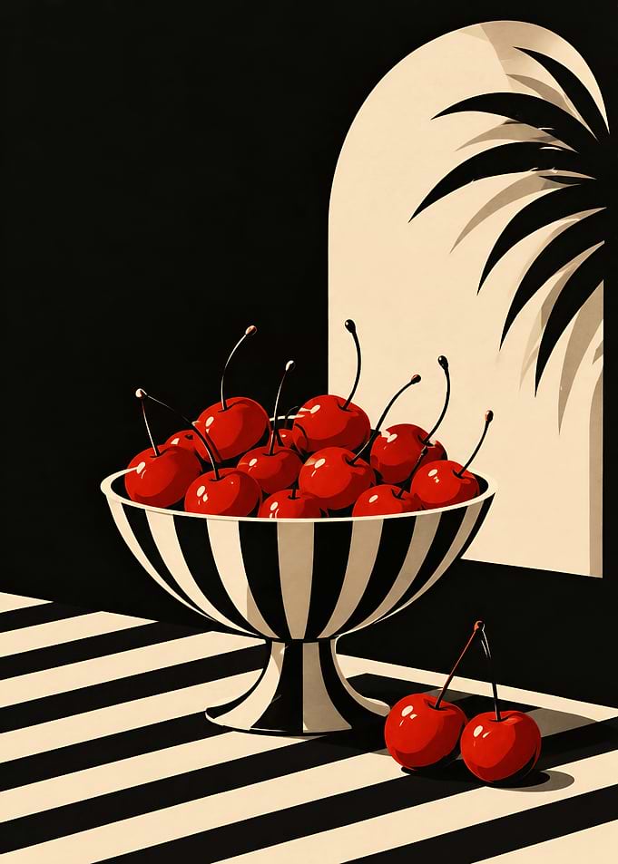Minimalist Cherries in Striped Bowl