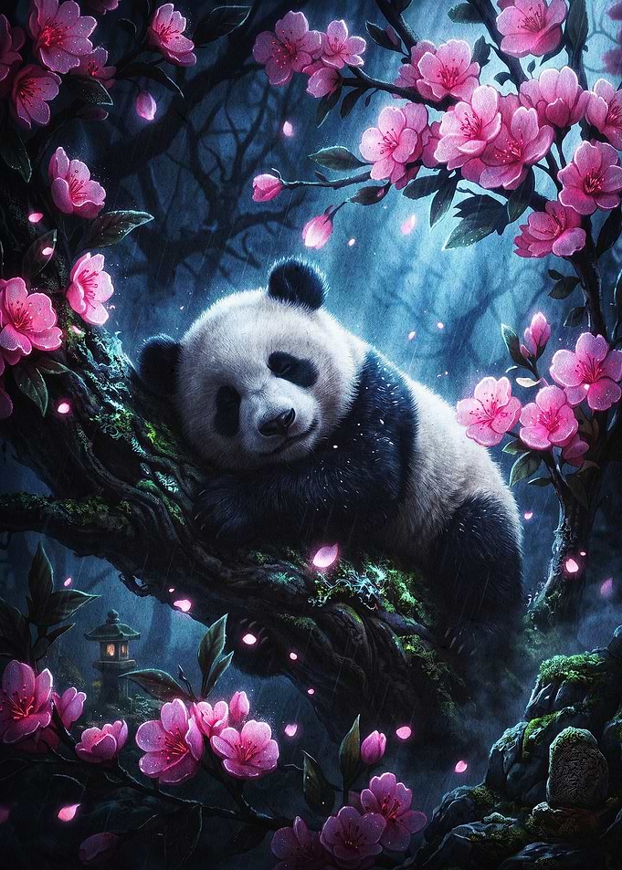 Panda Tree Blossom Night Fantasy Ar