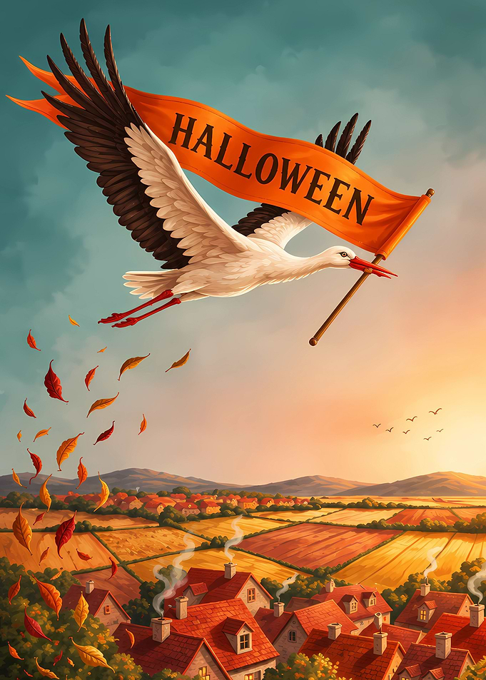 Stork Carrying Halloween Banner Over Village