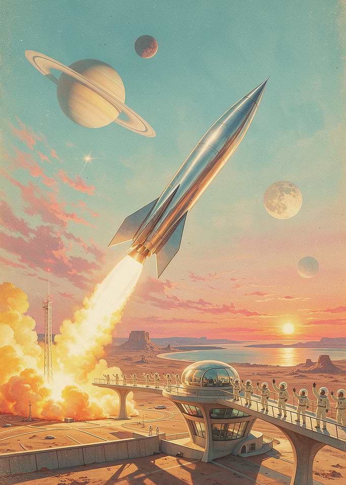 Retro Futuristic Rocket Launch Scene