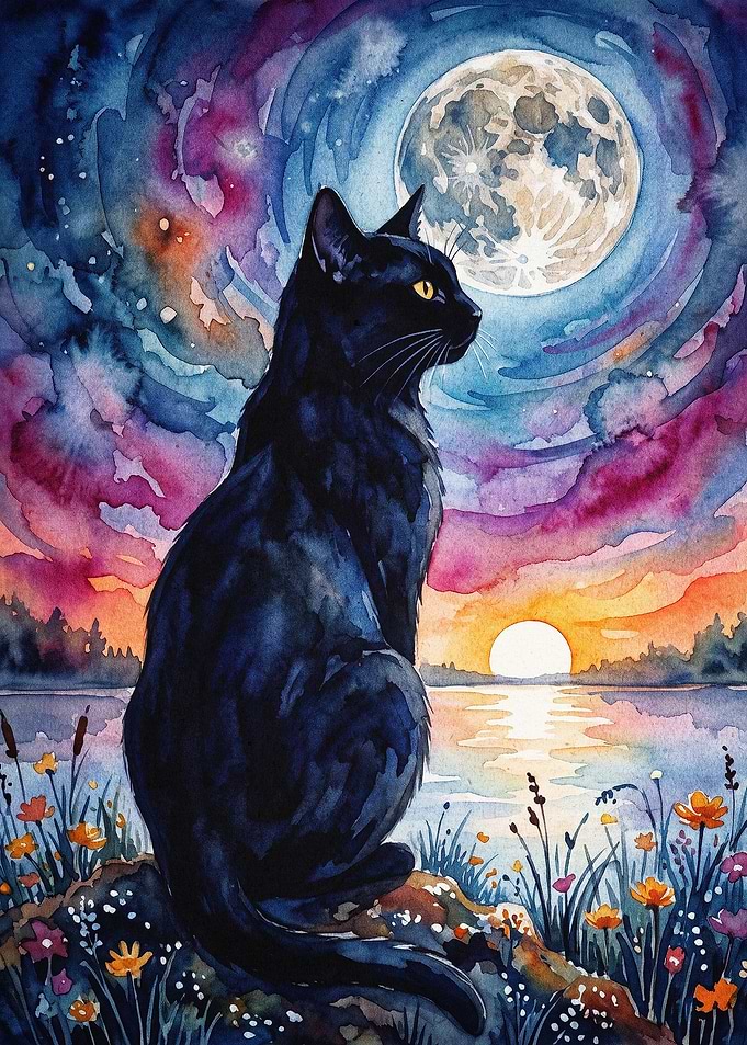 Black Cat Moon Watercolor Art Poste