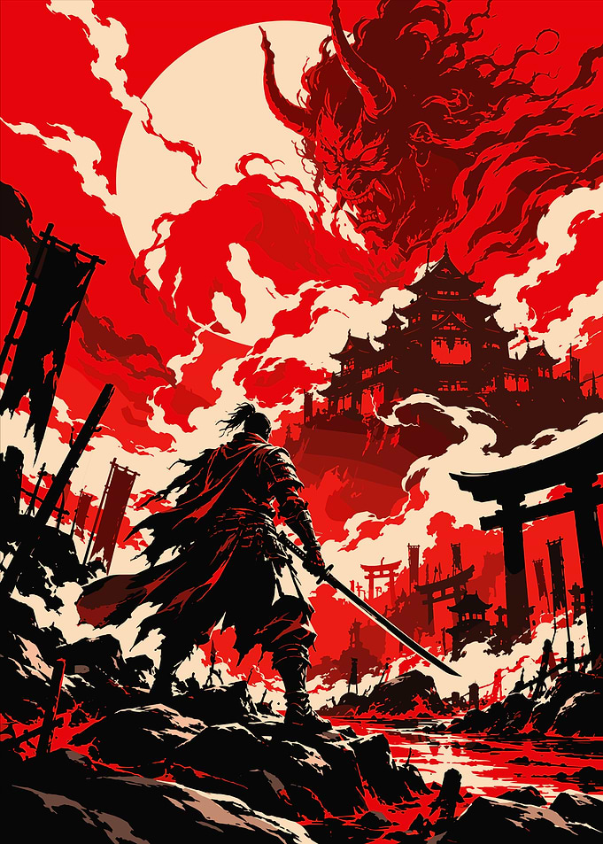 Samurai Facing Demon in Red Landscape