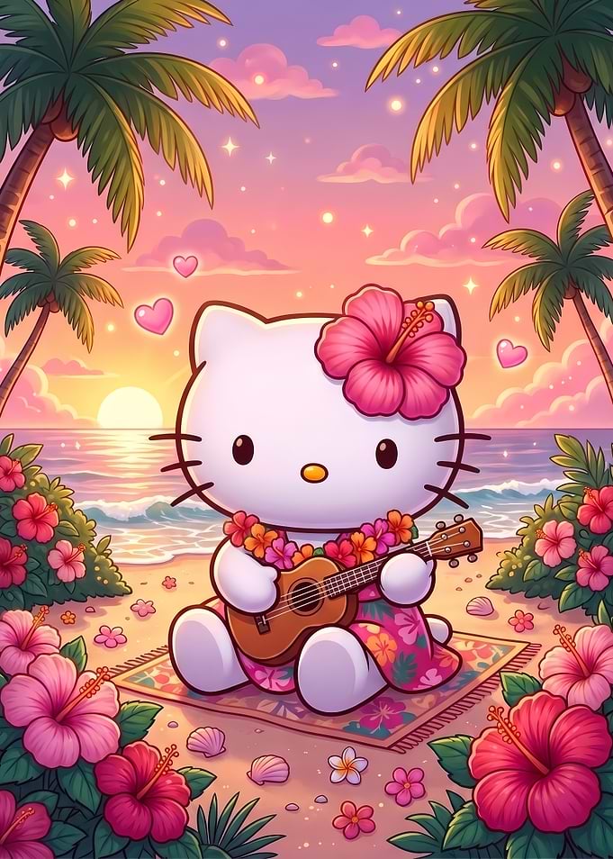 Hello Kitty Playing Ukulele on Beach