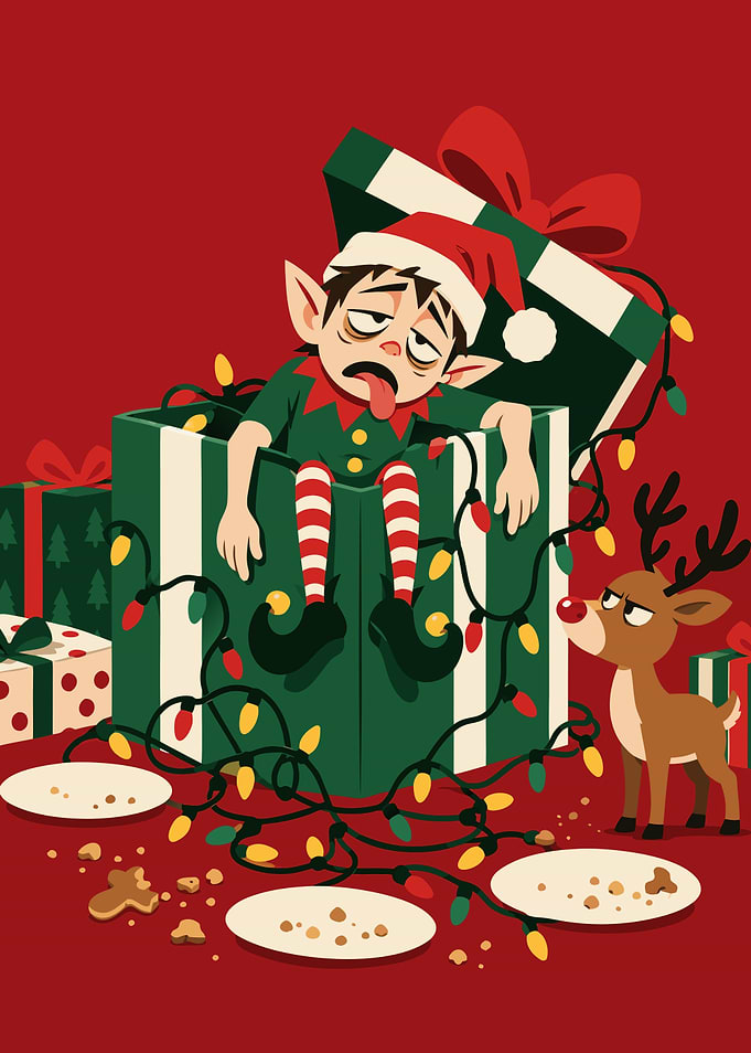 Exhausted Christmas Elf in Gift Box