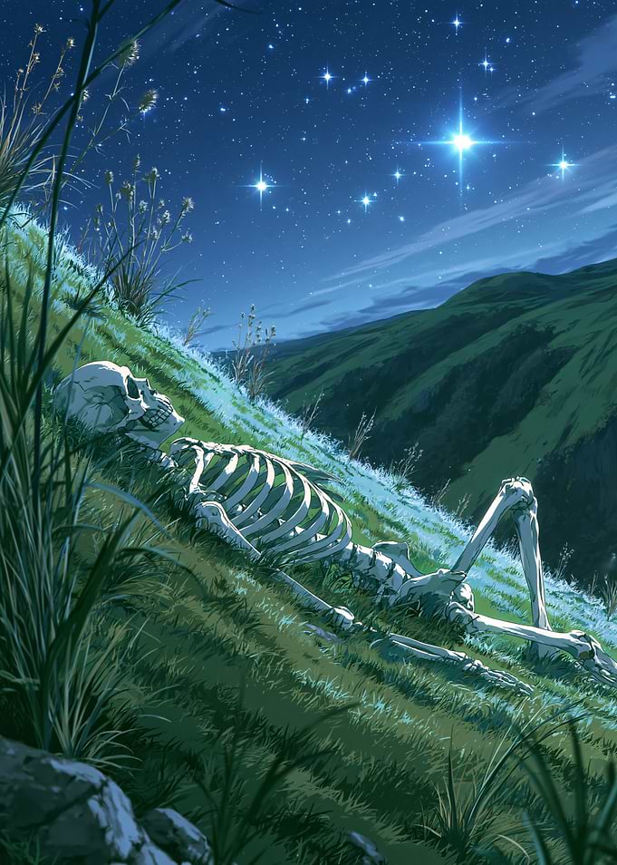 Skeleton Resting Under Starry Night Sky