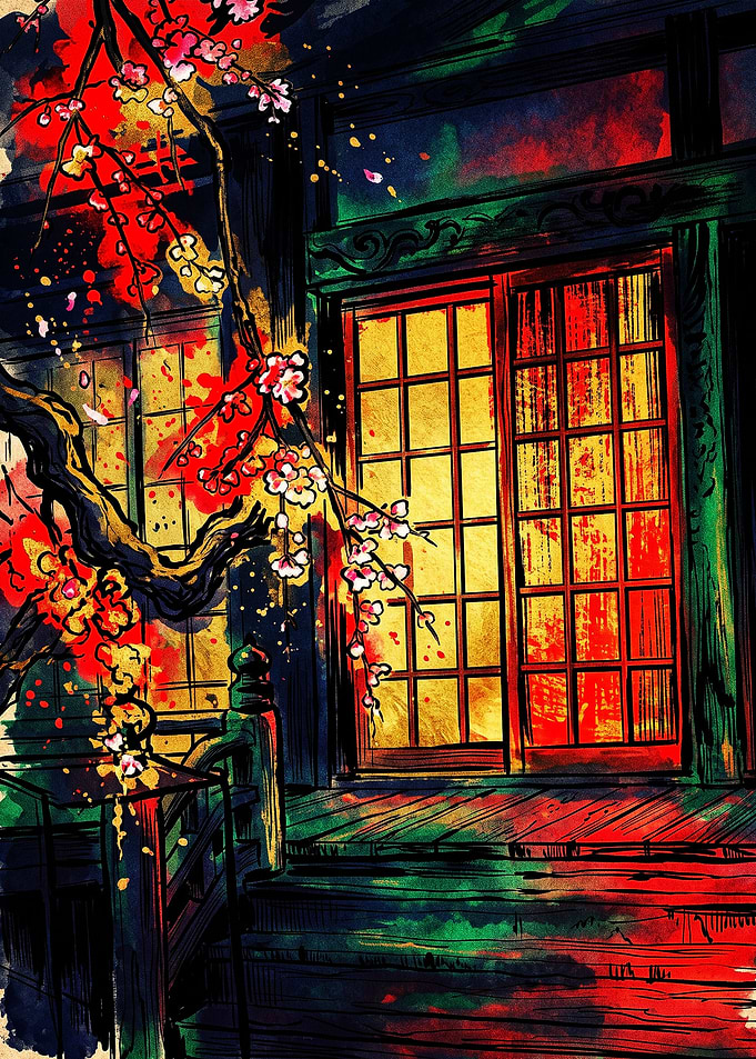 Vibrant Japanese Shoji Screen and Blossoms