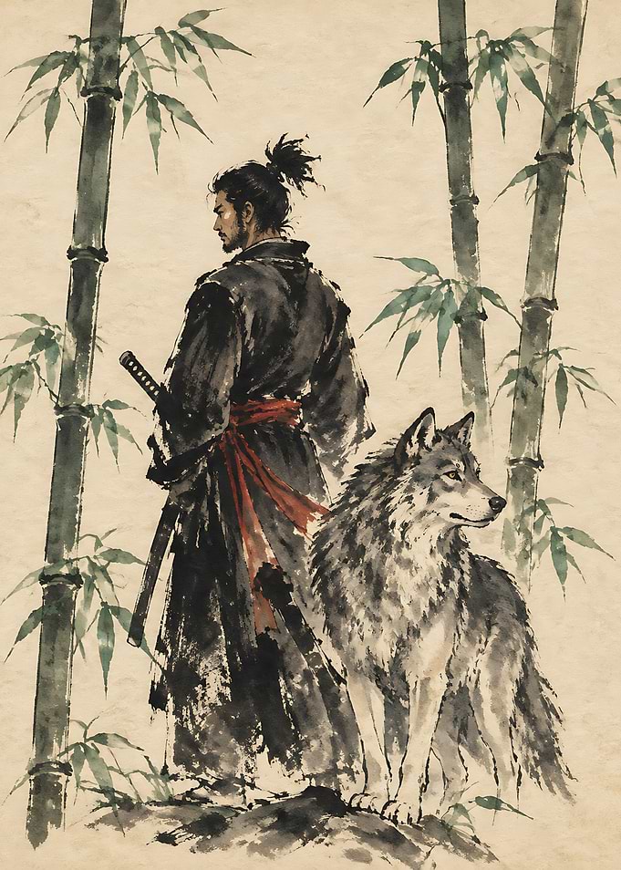 Samurai and Wolf in Bamboo Forest