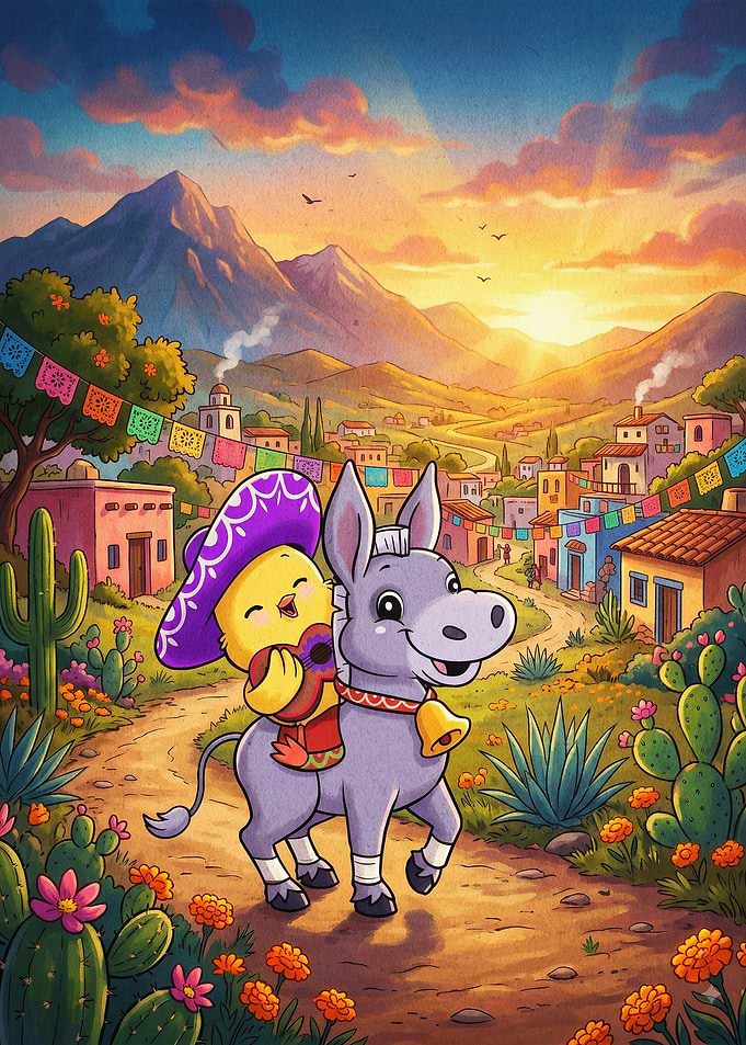 Mexican Donkey & Chick Cute Art