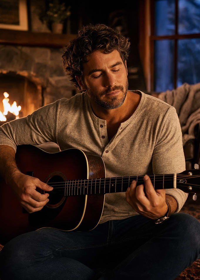 Man Playing Acoustic Guitar by Fireplace