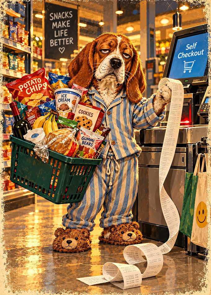 Tired Dog Shopping in Pajamas