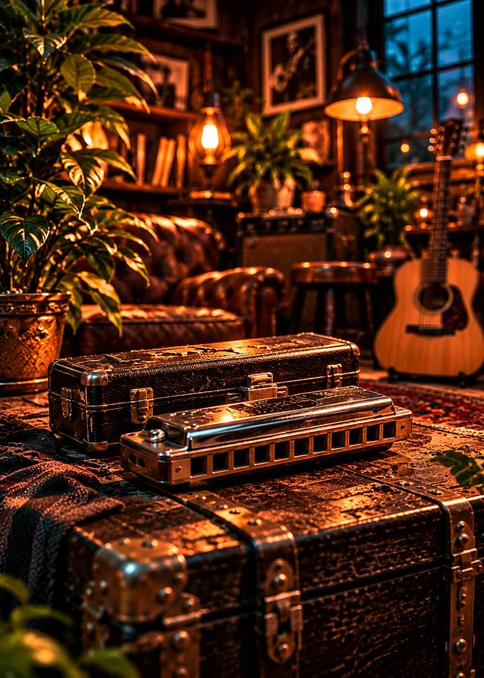 Harmonica and Case in Cozy Study
