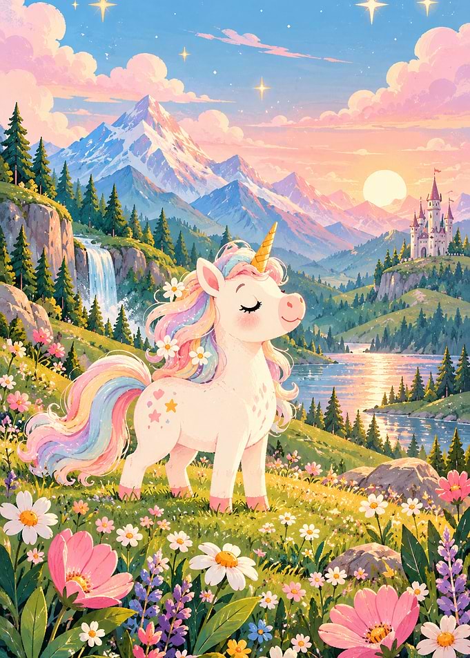Magical Unicorn Wall Art Pastel Rainbow Unicorn in a Flower Meadow
