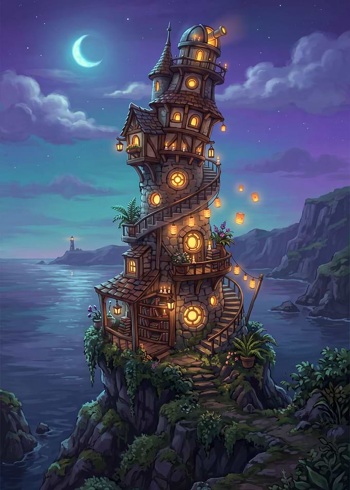Whimsical Wizard Tower on a Moonlit Sea Cliff