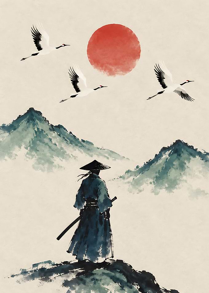 Samurai Standing Before Misty Mountains