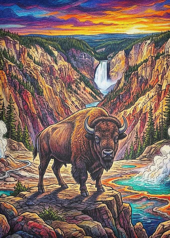 Bison Yellowstone Sunset Valley Art