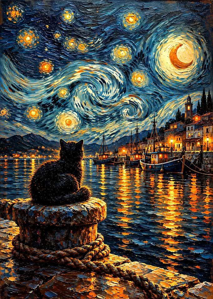 Black Cat Watching Starry Harbor