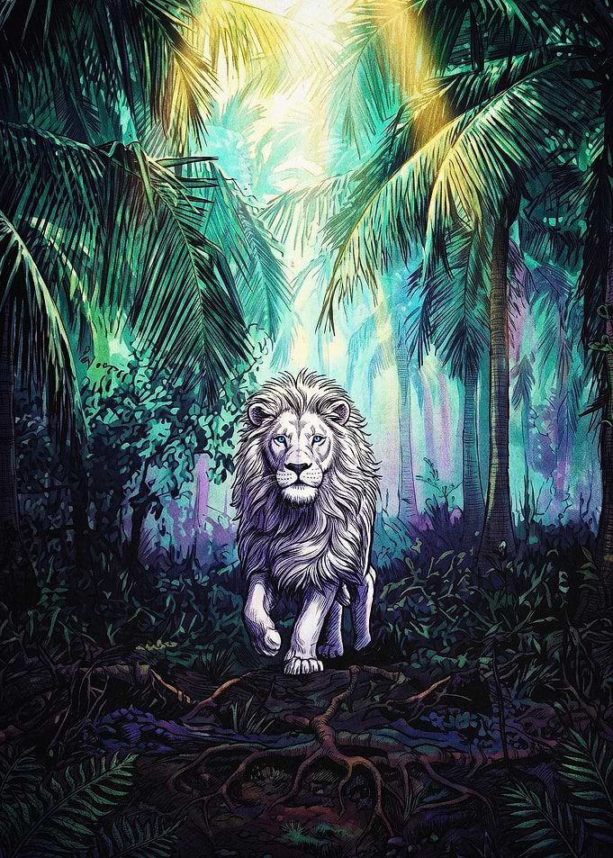 White Lion Jungle Neon Poster