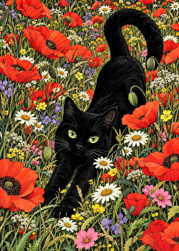 Black Cat in Poppy Field