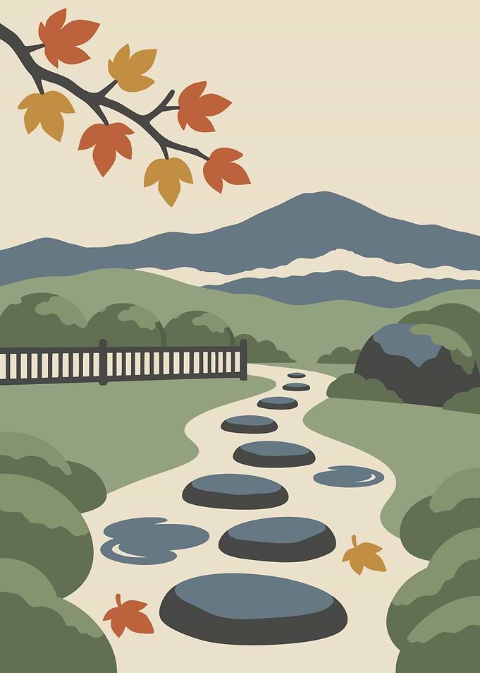 Stepping Stones After Rain, Maple Branch — Japandi Minimalist Japanese Garden Art