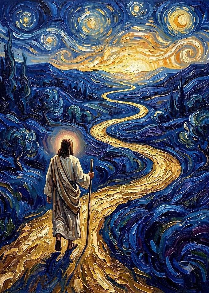 Jesus Walking on Path Van Gogh Style