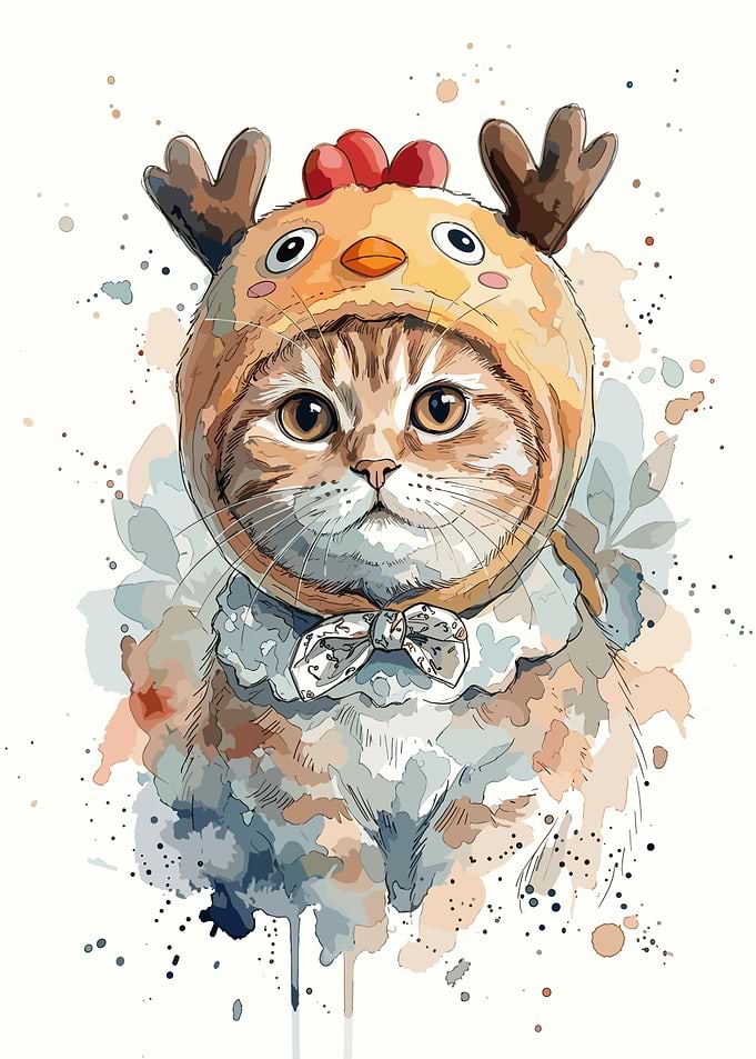 Watercolor Cat in Chicken Hat