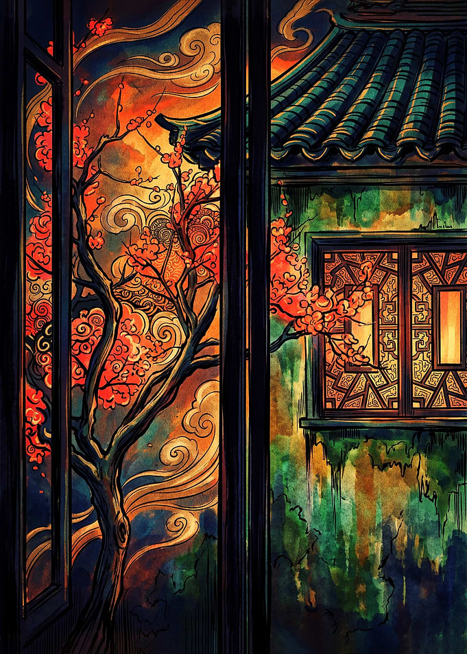 Traditional Asian Architecture and Cherry Blossoms