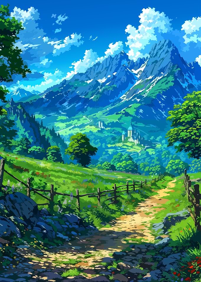 Anime Style Mountain Valley Landscape