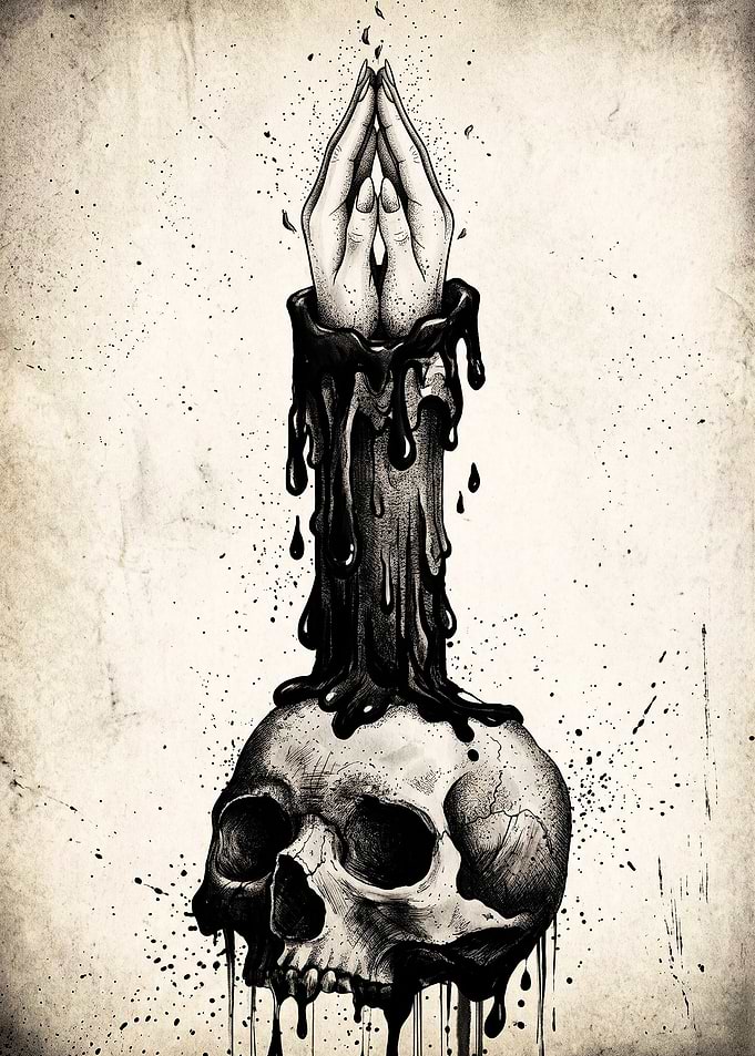 Praying Hands Melting Candle Skull Art