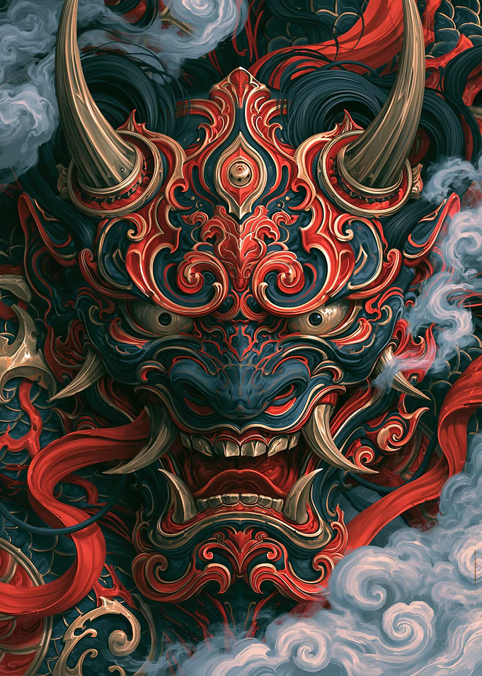 Intricate Japanese Oni Demon Mask