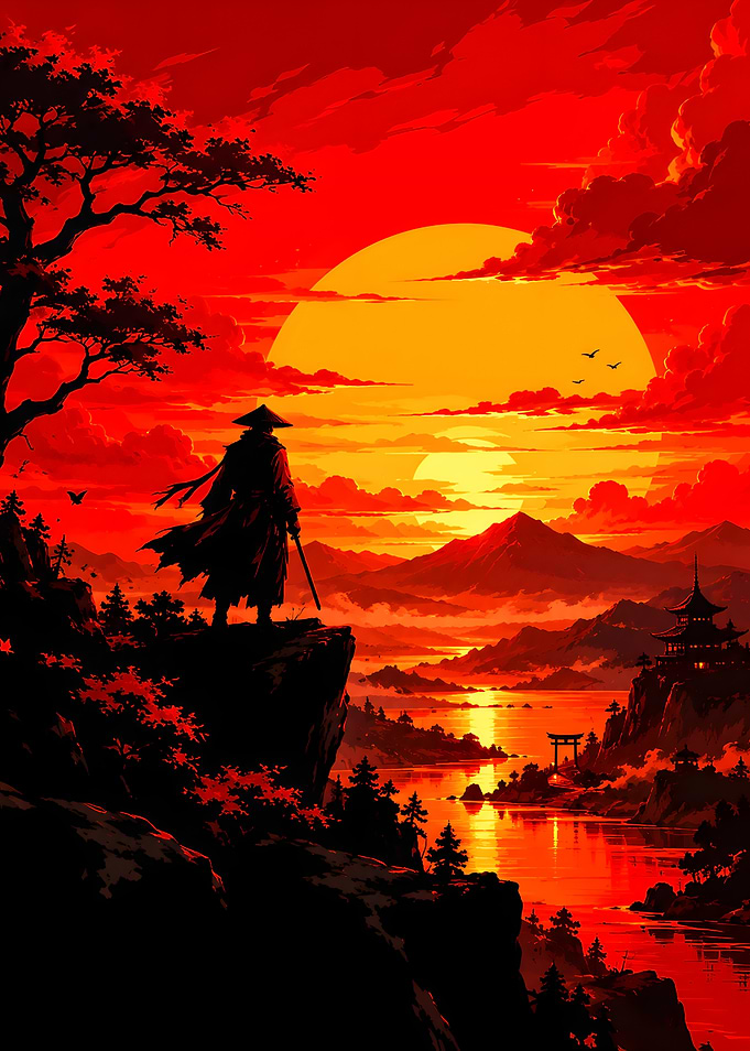 Samurai Standing Over Red Sunset
