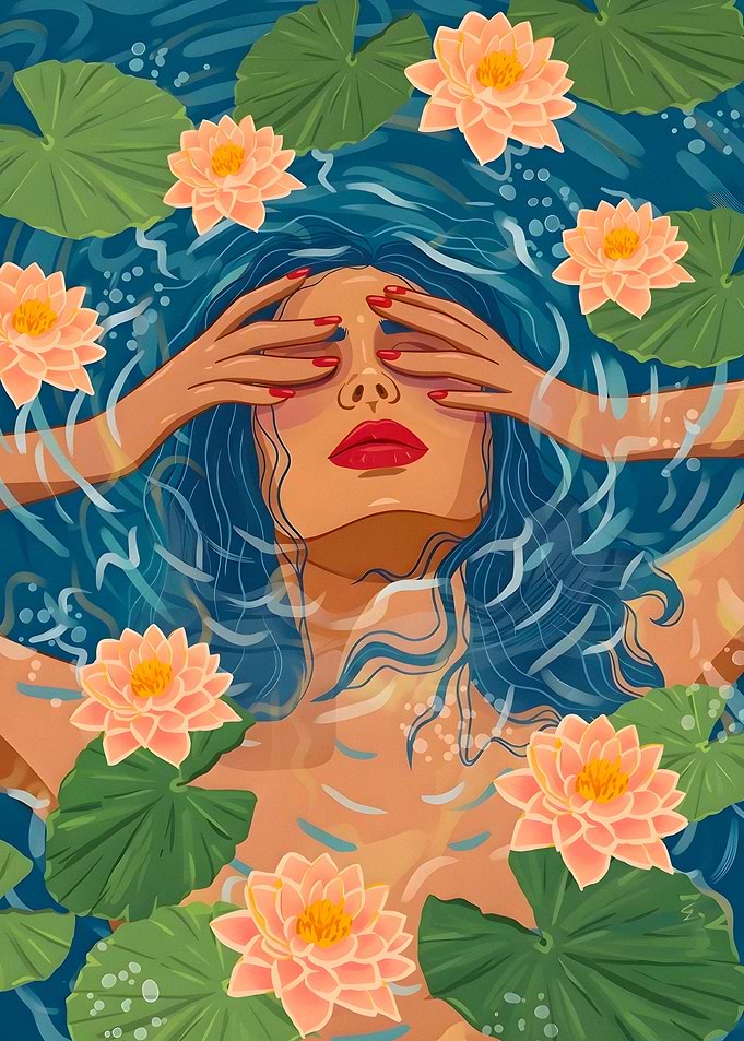 Woman Floating Among Lotus Flowers