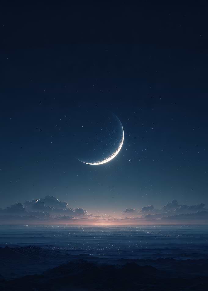 Crescent Moon Over Distant Horizon