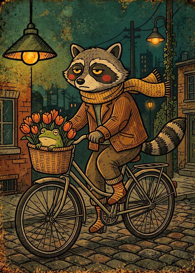 Raccoon Riding Bicycle with Frog Friend