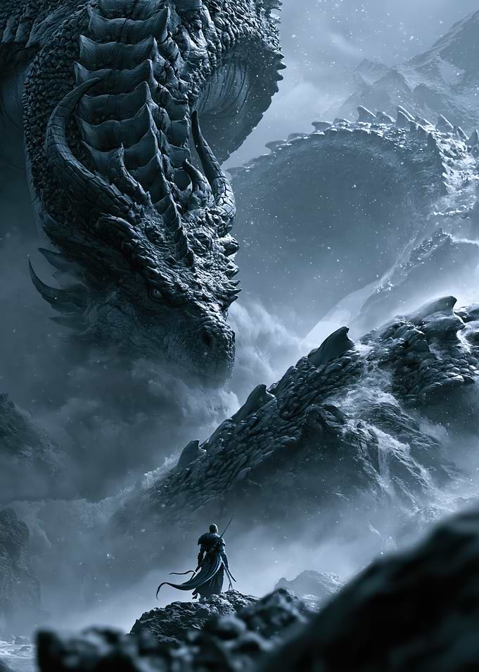 Warrior Facing a Massive Ice Dragon