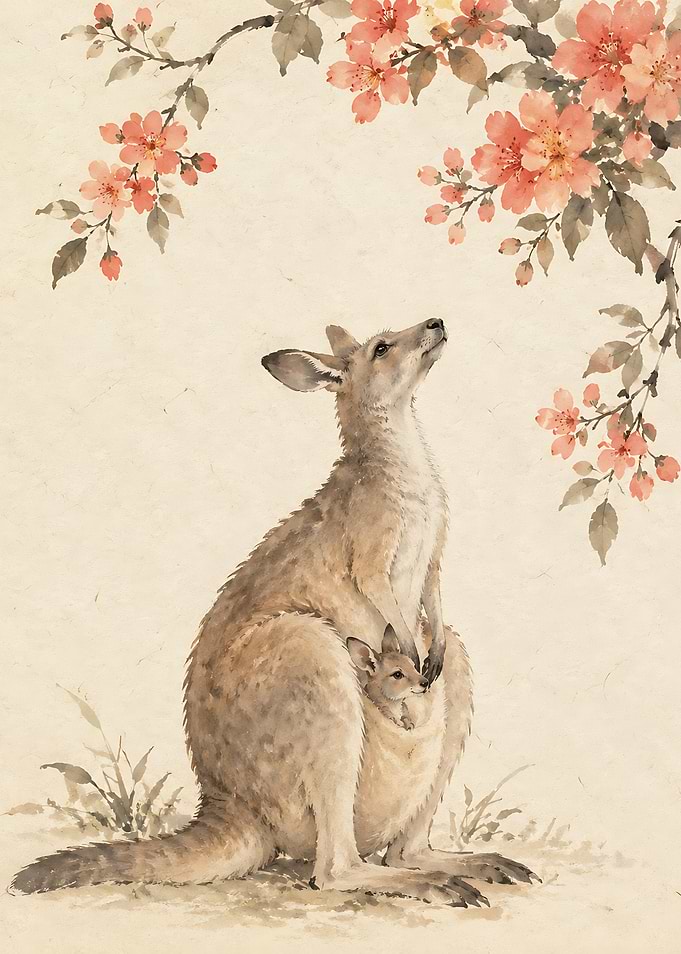 Kangaroo Mother and Joey Under Blossoms