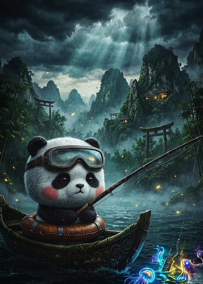 Panda Fishing Fantasy Landscape Art
