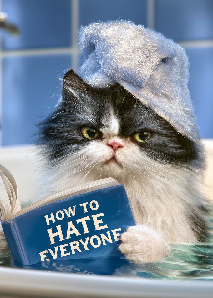 Grumpy Cat Reading in the Bath