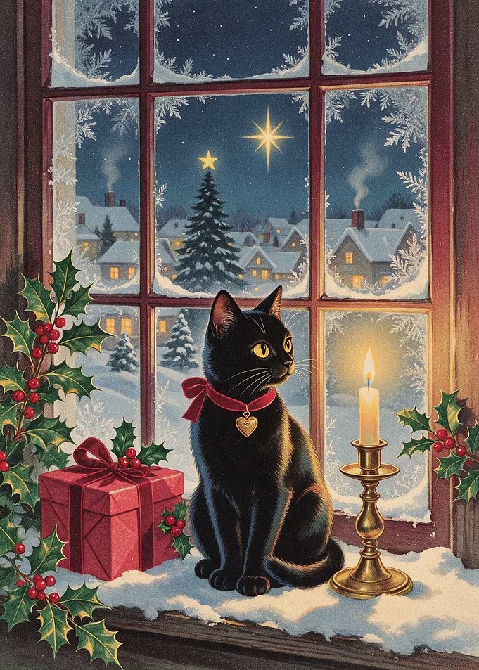Black Cat Christmas Window Scene