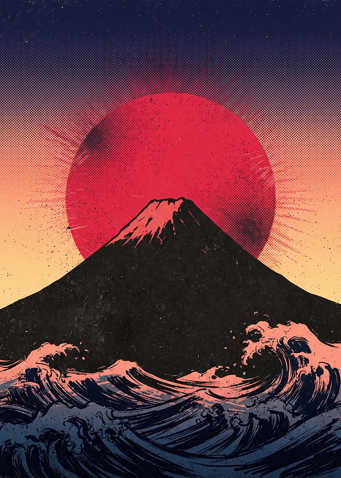 Mount Fuji and Ocean Waves Art