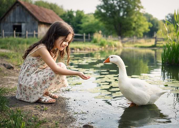 Girl Feeding a Goose by Pond