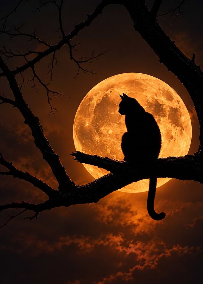 Black Cat Silhouette Under Full Moon