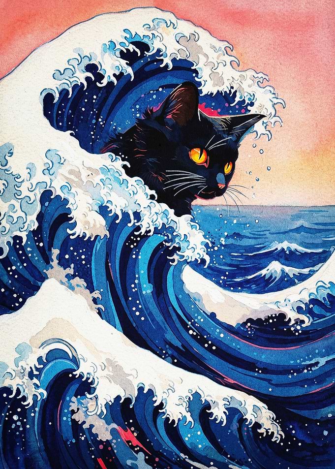 Black Cat Tidal Wave Japanese Art